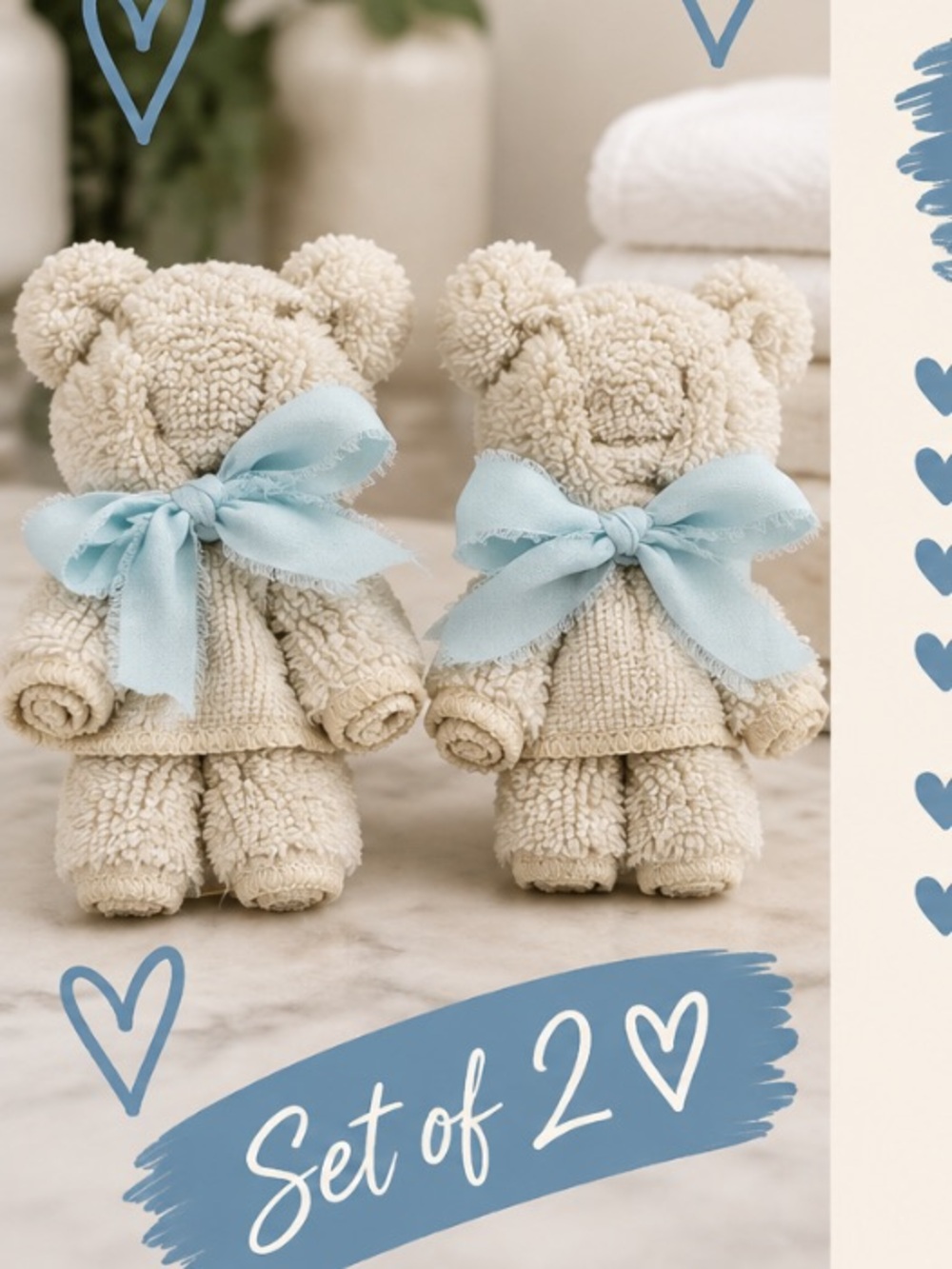 Set of 2 Cream Towel Teddy Bears with Blue Bows Cute Bathroom Decor